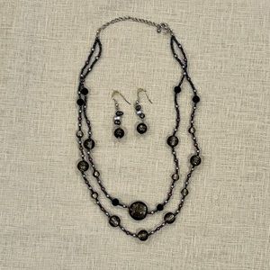 Smoky Gray, Black and Pearl Beaded Necklace and Earrings Set
